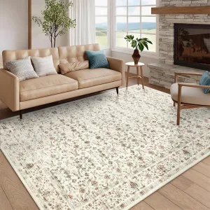 Beige Traditional Home Decor Bordered 9x12 Living Room Area Rug Non Shedding Non Slip Mat