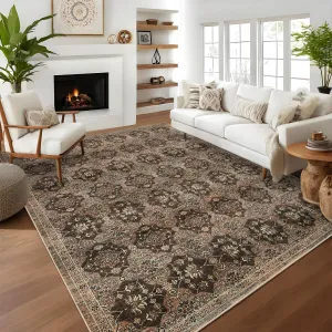 Boho Area Rug - Soft Washable Printed Floral Rug, Low Pile Non Shedding Non Slip Rug, Indoor Foldable Vintage Rug Carpet