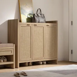 Boho 47" Rattan Shoe Storage Cabinet with 3 Doors and Adjustable Shelves for Hallway Living Room, Light Oak
