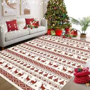 Christmas Area Rug 9x12 Red Washable Living Room Carpet Xmas Snowflake Holiday Decor Indoor Bedroom Throw Rug Decorative Non Slip Soft Low Pile Large Carpet Dining Room Office Nursery