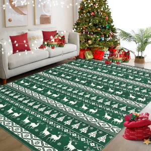 Christmas Area Rug 9x12 Green Washable Living Room Carpet Xmas Snowflake Holiday Decor Indoor Bedroom Throw Rug Decorative Non Slip Soft Low Pile Large Carpet Dining Room Office Nursery