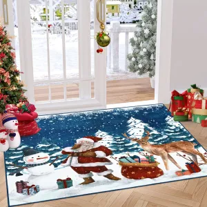 Christmas Rugs 2x3 Blue Washable Entryway Rug Soft Non-Slip Christmas Doormat Santa Claus Elk Print Xmas Small Kitchen Rug Xmas Holiday Decor Throw Carpet for Front Door Bathroom Entrance