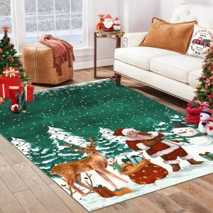 Christmas Area Rug 8x10 Machine Washable Xmas Santa Claus Rug for Living Room Non Slip Soft Faux Wool Bedroom Low Pile Green Rugs for Dining Room Kitchen Home Decor Christmas Decorations