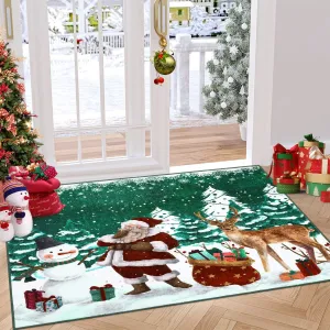 Christmas Rugs 2x3 Green Washable Entryway Rug Soft Non-Slip Christmas Doormat Santa Claus Elk Print Xmas Small Kitchen Rug Xmas Holiday Decor Throw Carpet for Front Door Bathroom Entrance