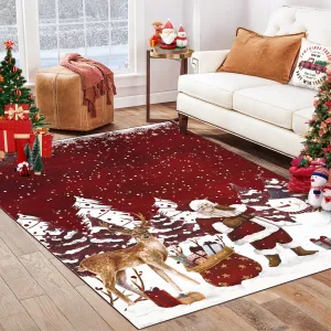 Christmas Area Rug 4x6 Machine Washable Xmas Santa Claus Rug for Living Room Non Slip Soft Faux Wool Bedroom Low Pile Red Rugs for Dining Room Kitchen Home Decor Christmas Decorations