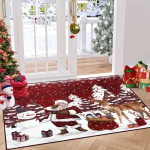 Christmas Rugs 2x3 Red Washable Entryway Rug Soft Non-Slip Christmas Doormat Santa Claus Elk Print Xmas Small Kitchen Rug Xmas Holiday Decor Throw Carpet for Front Door Bathroom Entrance