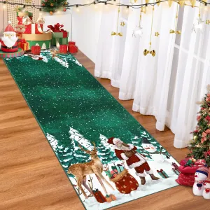 Christmas Green Washable Runner Rug 2x8 Entryway Runner Rug Non Slip Christmas Low Pile Santa Claus Xmas Kitchen Runners Indoor Soft Foldable Carpet for Hallway Bedside Laundry Kitchen