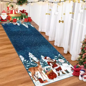 Christmas Blue Washable Runner Rug 2x8 Entryway Runner Rug Non Slip Christmas Low Pile Santa Claus Xmas Kitchen Runners Indoor Soft Foldable Carpet for Hallway Bedside Laundry Kitchen