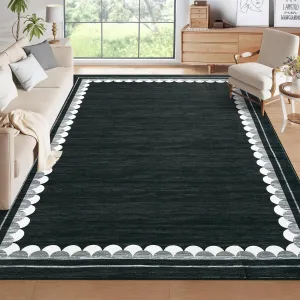 Washable 9x12 Area Rug with Scalloped Border, Non-Slip & Stain-Resistant, Soft Polyester, Low-Pile & Durable, Ideal for Living Room & Bedroom