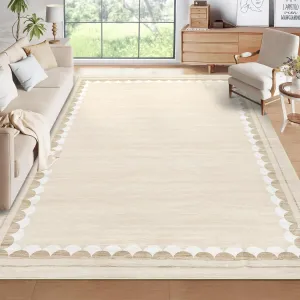Washable Area Rug Solid 10x13 Low-Pile Non-Slip Stain-Resistant Polyester Scalloped Border Modern Design Living Room Bedroom
