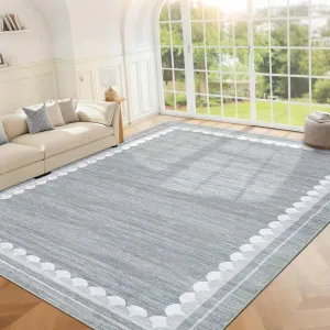 9x12 Washable Area Rug - Non-Slip, Stain-Resistant, Soft Polyester, Modern Scalloped Border, Low Pile, Durable for Living Room & Bedroom