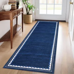 Scalloped 2x6 Runner Rug - Washable, Non-Slip, Stain Resistant - Polyester, Low Pile, Modern Border - Hallway, Bathroom, Kitchen