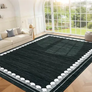 Washable Solid 8x10 Rug with Scalloped Border, Non-Slip Stain-Resistant Polyester, Low-Pile Soft Carpet for Living Room Bedroom Dining Room Office