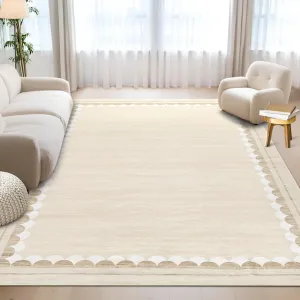 Washable 8x10 Solid Rug with Non-Slip Backing & Stain-Resistant, Polyester Low-Pile Scalloped Border for Living Room Bedroom Dining Office