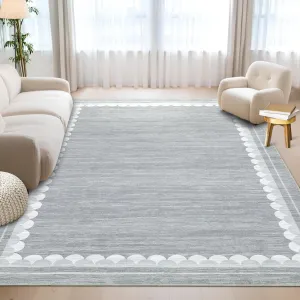 Area Rug 10x13 Low Pile Non-Slip Washable Polyester Rug with Scalloped Border, Stain-Resistant, Soft, Durable for Living Room Bedroom Dining