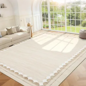 Washable Area Rug 9x12 Non-Slip Stain-Resistant Polyester Low-Pile Scalloped Border Modern Living Room Bedroom Dining
