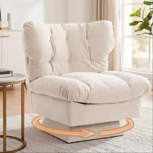 Oversized Chenille Swivel Accent Chair, 360° Rotating Armchair with Deep Seat, Thick Cushion & 300lb Capacity, Comfy Modern Reading Sofa Chair for Living Room, Bedroom, Office, Beige
