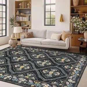 Machine Washable Non Slip Non Shedding Rug Large Indoor Carpet Retro Distressed Low Pile Floor Cover for Bedroom Living Room Dorm