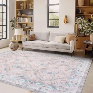 Machine Washable Non Slip Low Pile Rug Large Indoor Carpet Retro Distressed for Bedroom Living Room Dorm
