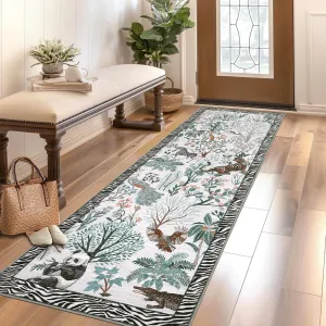 Washable Runner Rug 2x6 Ultra-Soft Jungle Plant Animal Design Beige for Entryway Laundry Kitchen Bedroom