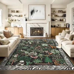 Large Animal Washable Rugs 9x12 Non-Slip Jungle Bedroom Rug Black
