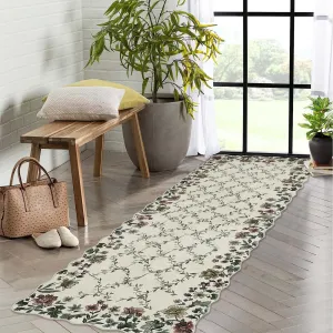 Floral Irregular Edge Carpet Non Slip Washable Boho Vintage Entry Rug 2x6ft Beige