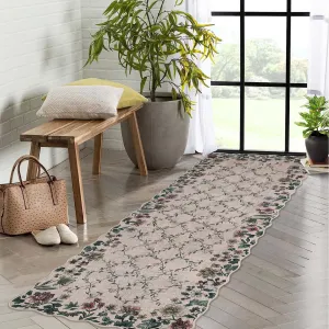 Floral Irregular Edge Carpet Non Slip Washable Boho Vintage Entry Rug 2x6ft Khaki