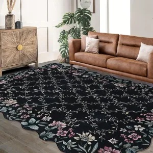 Floral Irregular Edge Carpet Non Slip Washable Boho Vintage Rug for Entryway 9x12ft Black