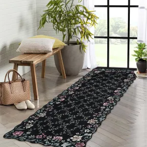 Floral Irregular Edge Carpet Non Slip Washable Boho Vintage Entry Rug 2x6ft Black