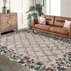 Floral Irregular Edge Carpet Non Slip Washable Boho Vintage Entry Rug 5x7ft Khaki