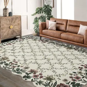 Floral Irregular Edge Carpet Non Slip Washable Boho Vintage Entry Rug 9x12ft Beige
