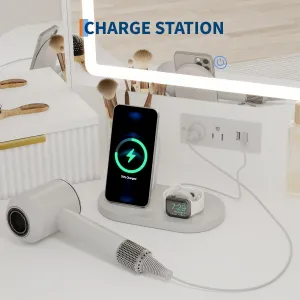 Corner Vanity Desk with Lighted Mirror, Fluted Wooden Makeup Table with Charging Station, 3 Drawers, Space-Saving Storage Cabinets & Open Shelves for Bedroom, White