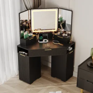 Corner Vanity Desk with Lighted Mirror, Fluted Wooden Makeup Table with Charging Station, 3 Drawers, Space-Saving Storage Cabinets & Open Shelves for Bedroom, Black