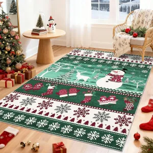 Christmas Santa Rug 4x6 Washable Rug with Non Slip TPR Backing, Low Pile Non Shedding Holiday Kitchen Mat, Soft Thin Foldable Carpet, Indoor Xmas Decor for Nursery Dining Room, Green