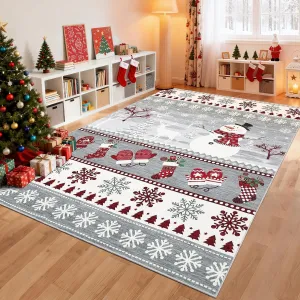 Area Rug 8x10 Christmas Snowflake Rug for Living Room, Thin Washable Carpet with Non Slip Rubber Backing, Low Pile Non Shedding Printed Mat, Soft Foldable Floor Covering for Bedroom, Grey
