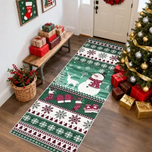 Washable Runner Rug 2x8 Christmas Runner for Hallway Non Slip Holiday Accent Rug, Xmas Santa Snowflake Printed Bedside Mat, Low Pile Non Shedding Kitchen Carpet for Laundry, Green