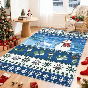 Blue 9x12 Washable Area Rug Christmas Living Room Rugs Non Slip Snowman Large Bedroom Carpet Xmas Festival Soft Stain Resistant Throw Carpet Indoor for Nursery Kids Room