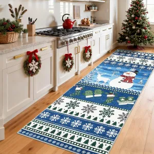 Christmas Snowman Runner Rug 2x8 Washable Carpet Runner Non Slip Xmas Snowflake Holiday Decor Kitchen Rugs Soft Low Pile Long Carpet Indoor Mat for Bathroom Bedroom Blue