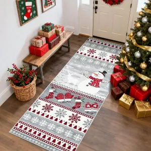 Washable Runner Rug 2x8 Christmas Runner for Hallway Non Slip Holiday Accent Rug, Xmas Santa Snowflake Printed Bedside Mat, Low Pile Non Shedding Kitchen Carpet for Laundry, Grey