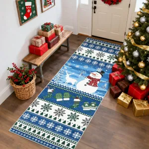 Christmas Runner Rug 2x6 Non Slip Washable Polyester Fiber Holiday Santa Reindeer Low Pile Foldable for Hallway Kitchen