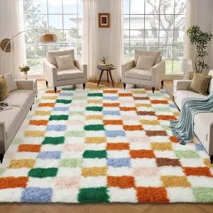 Washable Checkered Rug 5x8 Plush Fuzzy Rugs for Bedroom Thick Shaggy Rug Clearance, Colorful Modern Shag Rug Super Soft Indoor Fuzzy Carpet Non-Slip Plush Rugs for Dorm Home Aesthetic Decor