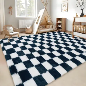 Plush Area Rug 4x6 Soft Fluffy Checkered Carpet for Bedroom Living Room Blue