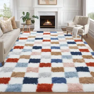 Plush Fuzzy 8x10 Area Rugs for Living Room, Washable Plush Checkered Rug for Bedroom, Modern Shag Rainbow Rugs Non Slip Soft Furry Large Carpet for Kids Room Nursery Home Decor