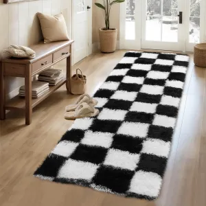 Plush Runner Rug 2x6 Black & White Checkered Premium Shaggy Fluffy Rugs for Living Room Hallway Bedroom Bedside
