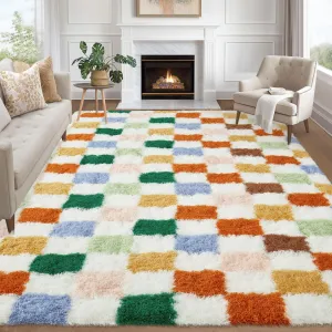 Washable Checkered 8x10 Area Rug for Living Room Colorful Modern Shag Rugs Thick Plush Fuzzy Rugs Non-Slip Large Plush Rug Soft Indoor Fuzzy Carpet Plush Fuzzy Rugs for Bedroom Home Aesthetic Decor