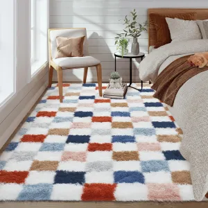Washable Checkered Rug 5x8 Plush Fuzzy Rugs for Bedroom Thick Shaggy Rug Clearance,Rainbow Modern Shag Rug Super Soft Indoor Fuzzy Carpet Non-Slip Plush Rugs for Dorm Home Aesthetic Decor