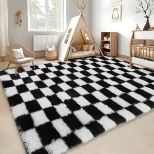 Fluffy Area Rug 5x8 Black & White Checkered Plush Soft Shaggy Carpet for Bedroom Living Room