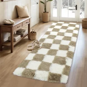 Plush Runner Rug 2x6 Shaggy Checkered Rug Runners Brown for Living Room Hallway Bedroom Bedside