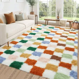 Large Area Rugs 10x13 Plush Fuzzy Rugs for Living Room,Colorful Checkered Rug Shag Rug for Bedroom, Modern Plush Soft High Pile Upgrade Non-Slip Carpet for Kids Girls and Boys Room Decor