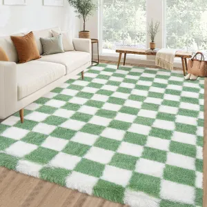 Area Rug 8x10 Classic Checkered Shaggy Rug Green White Soft Fluffy Carpet for Living Room Bedroom Nursery